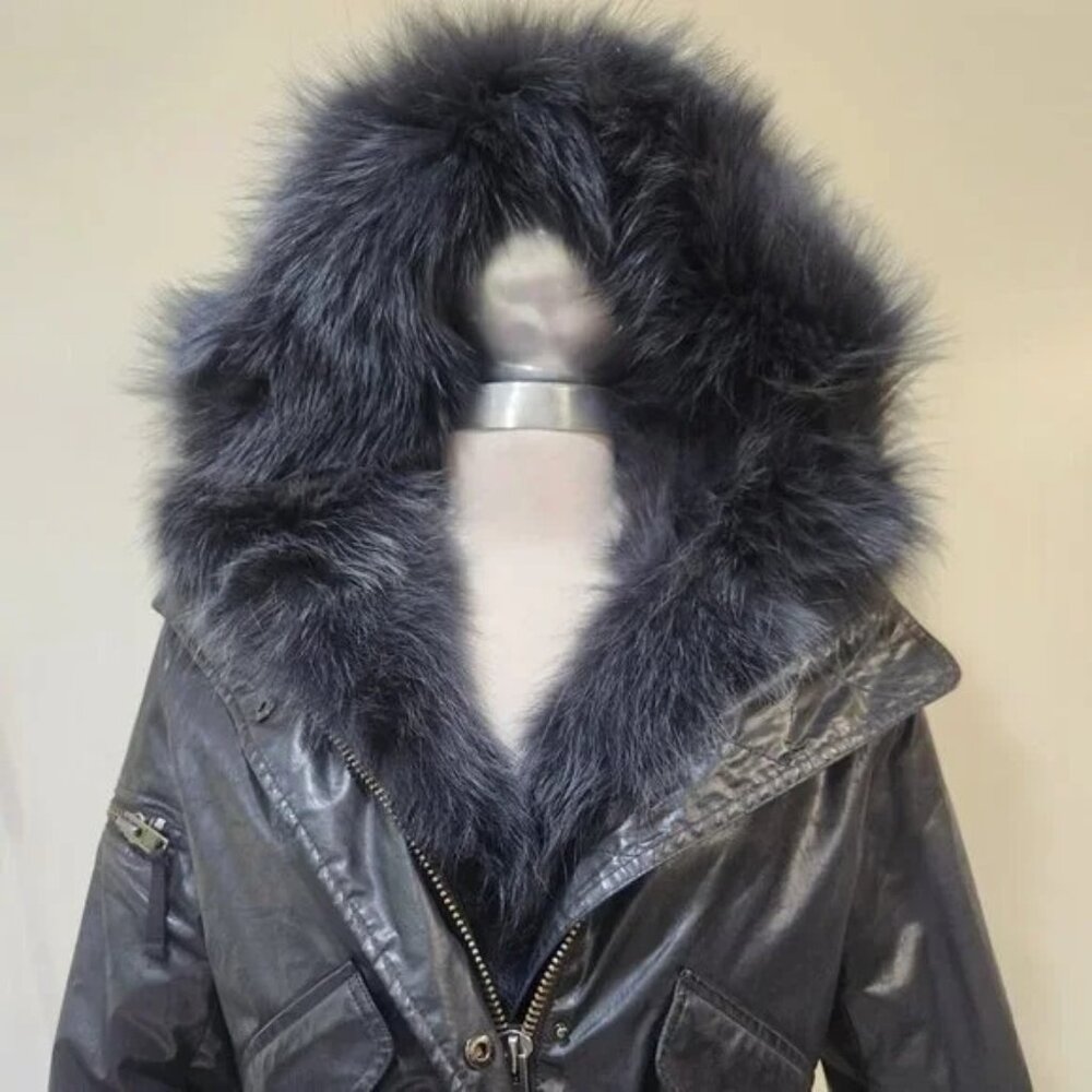 💥STUNNING!💥SAM. VTG 100% SILVER FOX FUR HOOD/PARTiAL LINING/TRIM BLACK PARKA - Picture 7 of 16